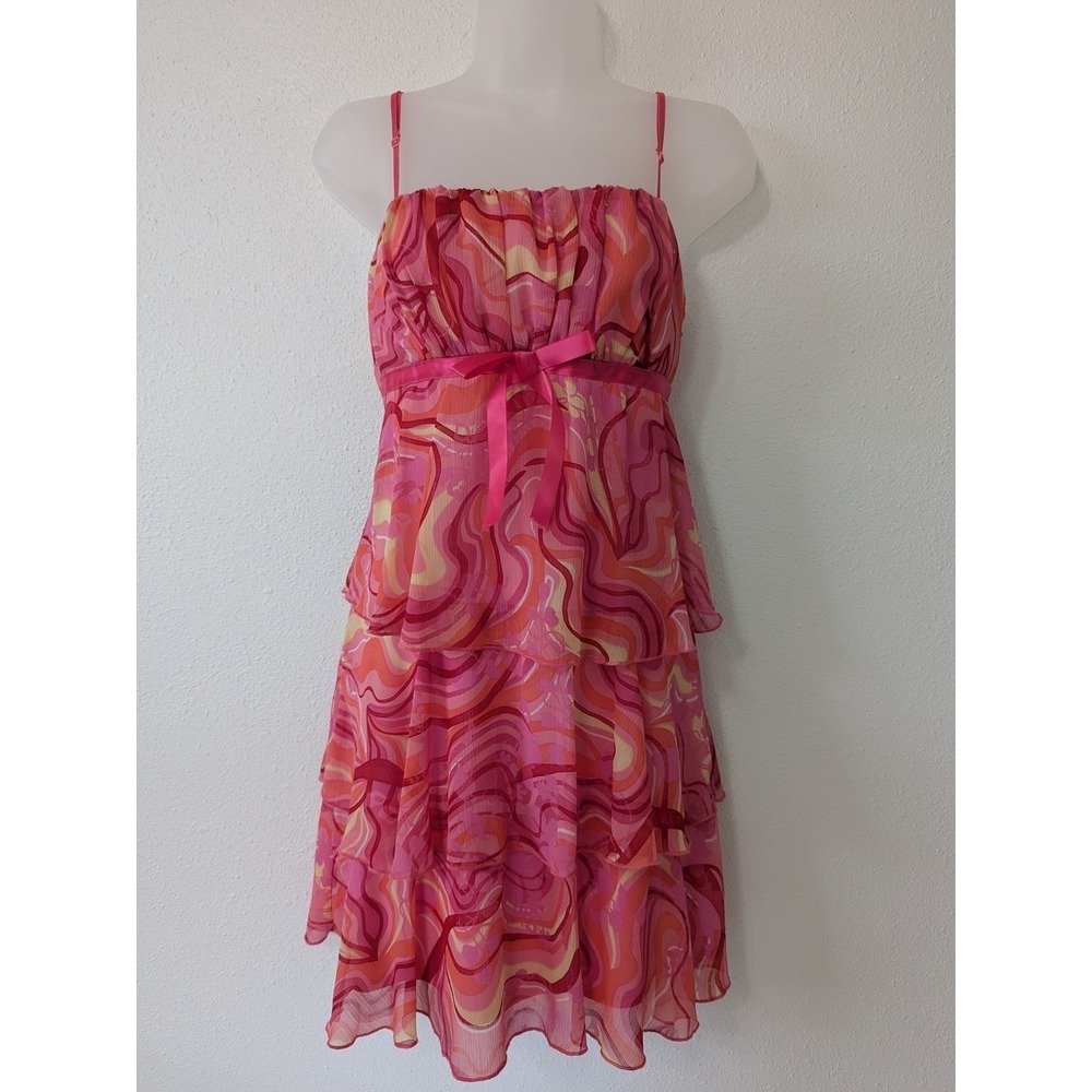 VTG Rampage Pink Orange Psychedelic Swirl Tiered Mini Dress Y2K Satin Bow Size 7